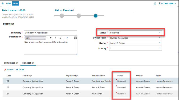 The Batch case and associated linked HR Cases change to Resolved when the action has been run